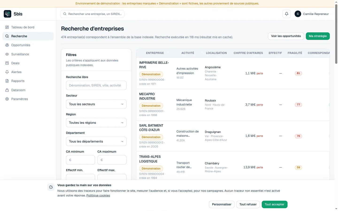 Écran de recherche de 5bis : résultats filtrés par secteur, zone et situation, avec le score de correspondance de chaque entreprise.