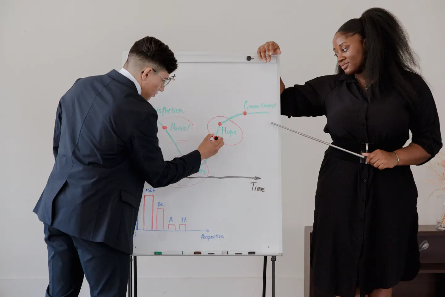 Séance de conseil : deux professionnels échangent devant un tableau de travail.